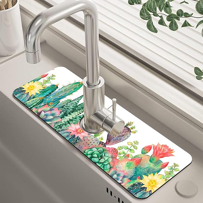 Watercolor Cactus Floral Sink Faucet Absorbing Mat Sink Splash Guard Faucet Mat