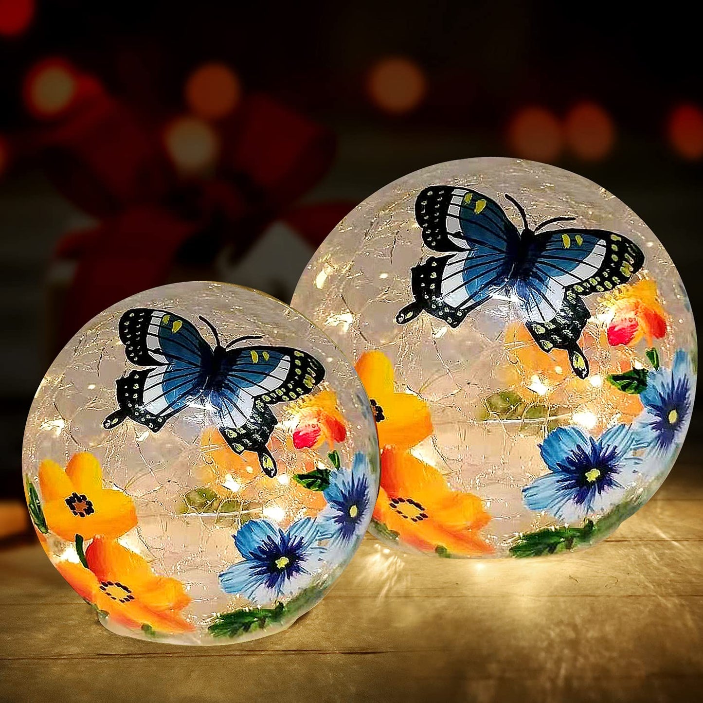 Crackle Glass Ball Light Butterfly Floral Pattern LED Night Light Indoor Tabletop Decorative Sphere Lamp for Home Decor Christmas Birthday Wedding Girls Women's Gift (2 Pack)