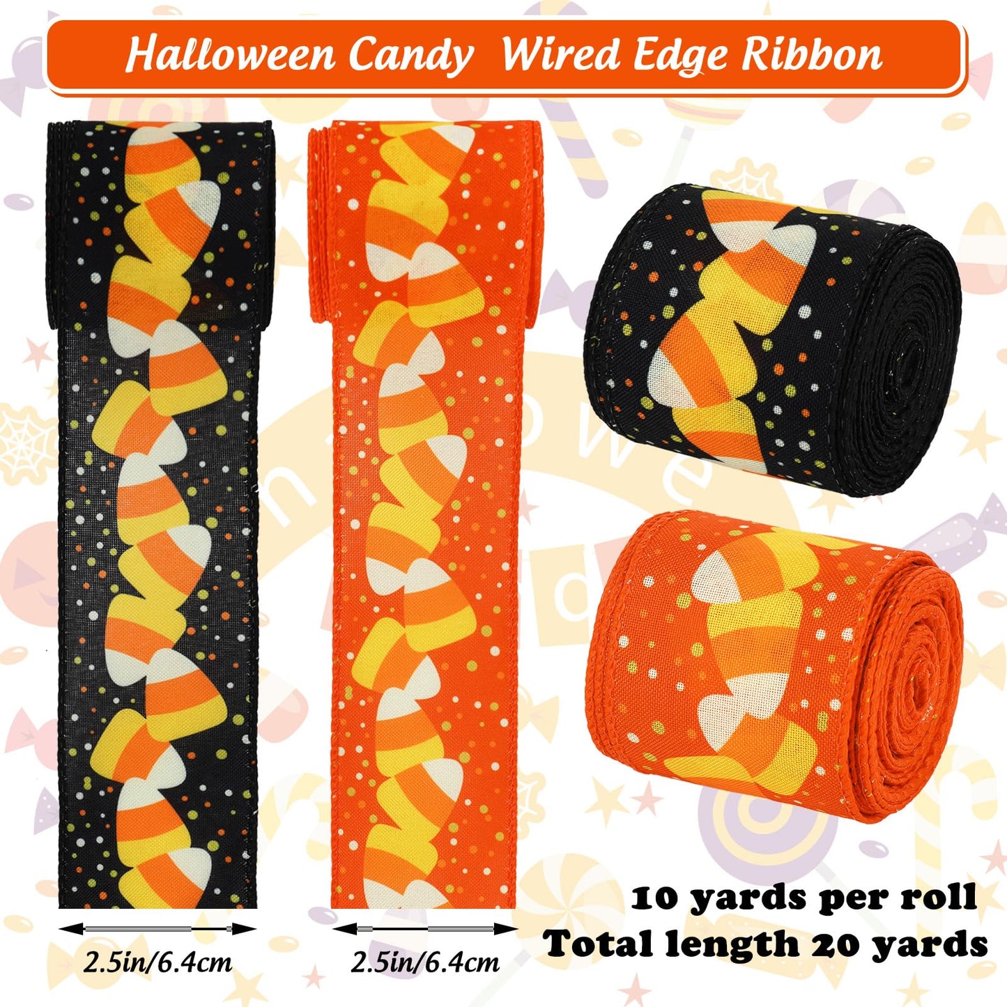 AnyDesign Halloween Wired Edge Ribbon 20 Yards Candy Corn Decorative Ribbon Orange Black Halloween Craft Fabric Ribbon for Holiday Wreath Bow Making DIY Gift Wrapping Supplies, 2 Roll