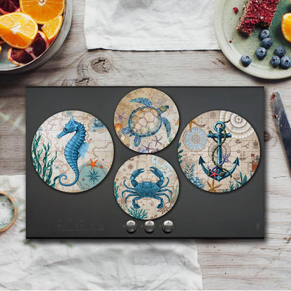 Tucocoo Anchor Electric Stove Burner Covers, Set of 4 Round Seahorse Ocean Animals Stove Burner Covers, 8Inch 10Inch,Crab Gas Stove Burner Covers,Metal Stove Burner Cover,Funny Cooktop Kitchen Decor