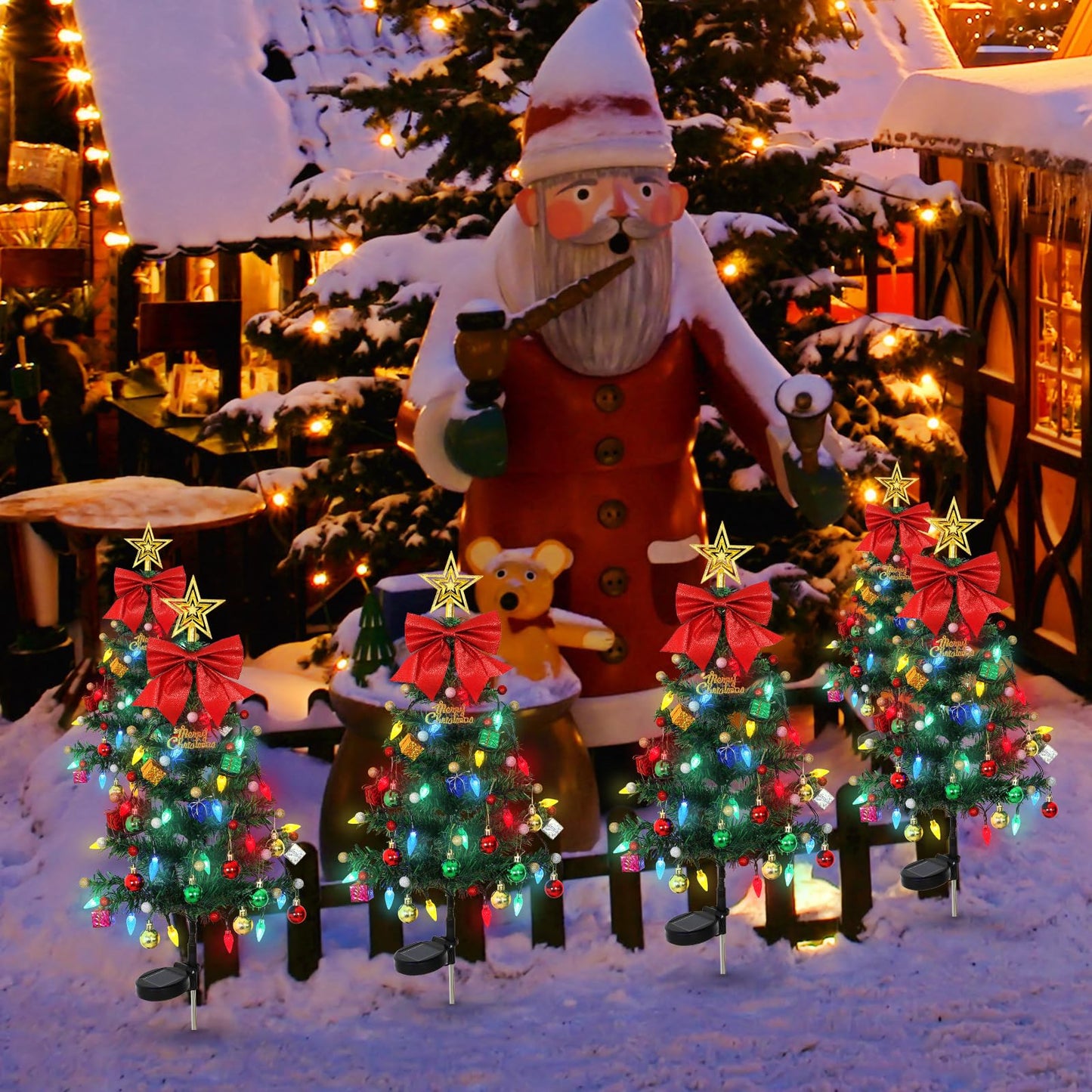 LOMOHOO 4 Packs Solar Christmas Tree 35.8in Outdoor Prelit Lighted Christmas Tree 2 Flashing Modes Solar Xmas Trees with 80 LED Lights for Holiday Porch Yard Garden Patio Cemetery Pathway