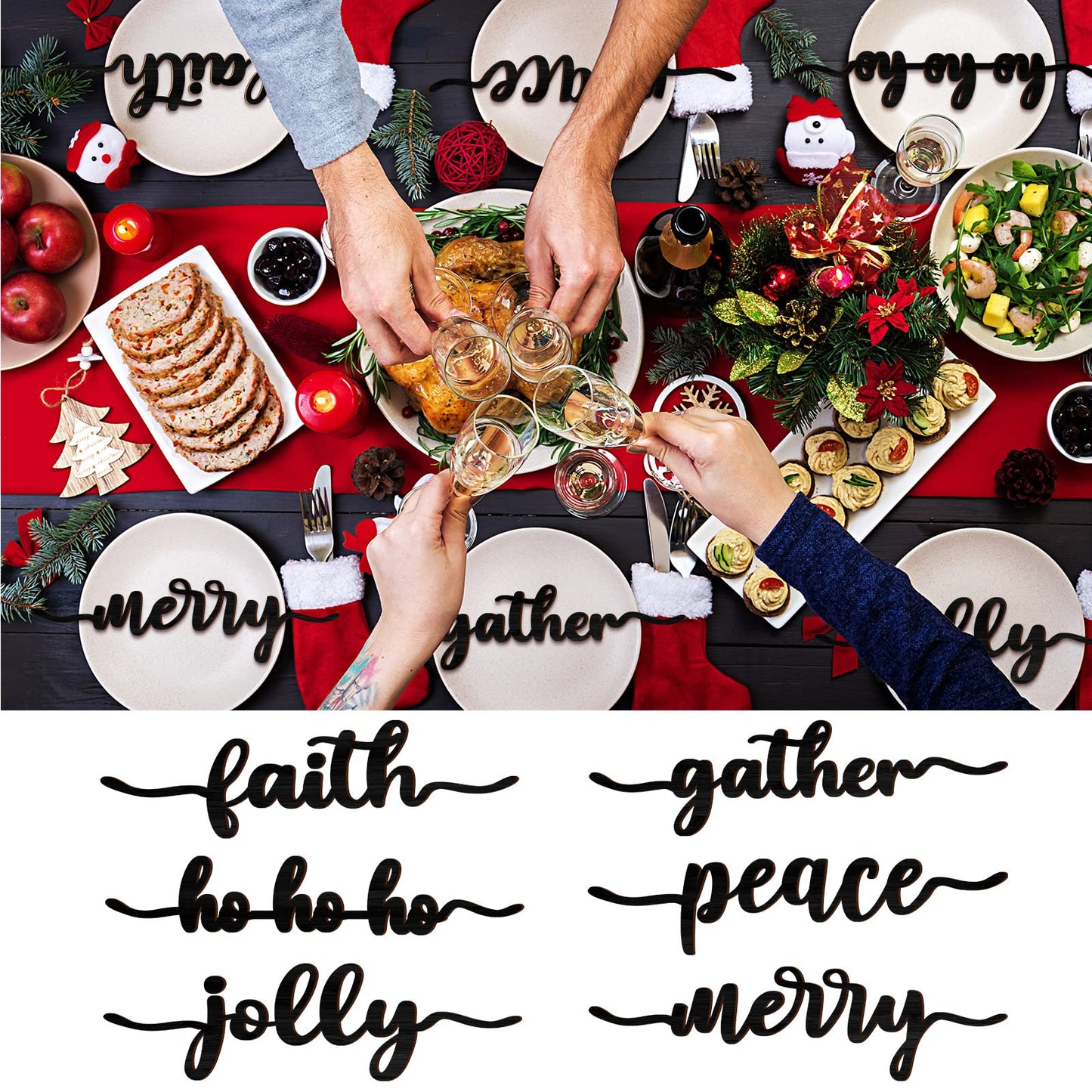 12 Pieces Christmas Word Wood Cutout Joyful Merry Thankful Grateful Blessed Peace Gather Word Sign Christmas Plate Cutout Rustic Merry Signs for Home Table Plate Decoration