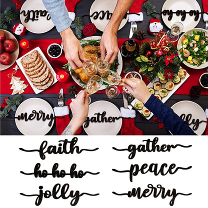 12 Pieces Christmas Word Wood Cutout Joyful Merry Thankful Grateful Blessed Peace Gather Word Sign Christmas Plate Cutout Rustic Merry Signs for Home Table Plate Decoration
