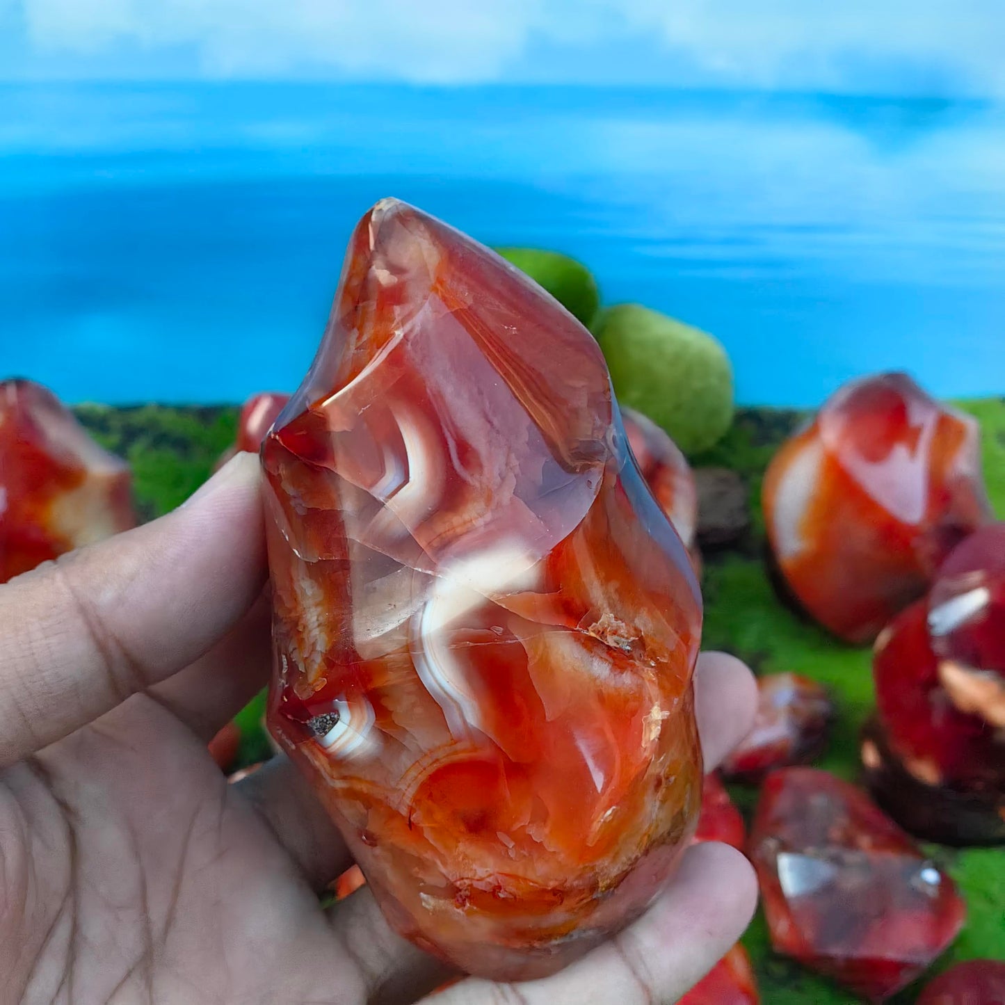Natural Carnelian Flame Carving Crystal Red Agate Tower Point Reiki Mineral Office Home Decor Gift Healing (400g-500g)