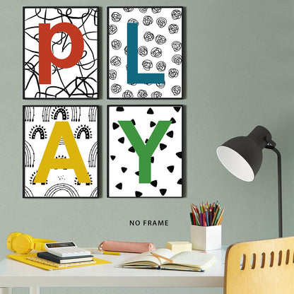 XUCVSPANTING Playroom Sign Nursery Wall Prints Boho Play Room Sign Canvas Posters for Nursery Bedroom Kids Room Decor Reading Corner Decorations,Set of 4(8"x10"inch,Unframed).
