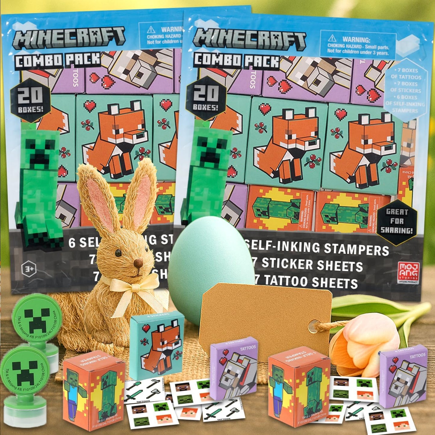 Minecraft Party Favor Boxes Set - Bundle with 40 Minecraft Stickers, Tattoos, Stampers for Easter Basket Fillers and More