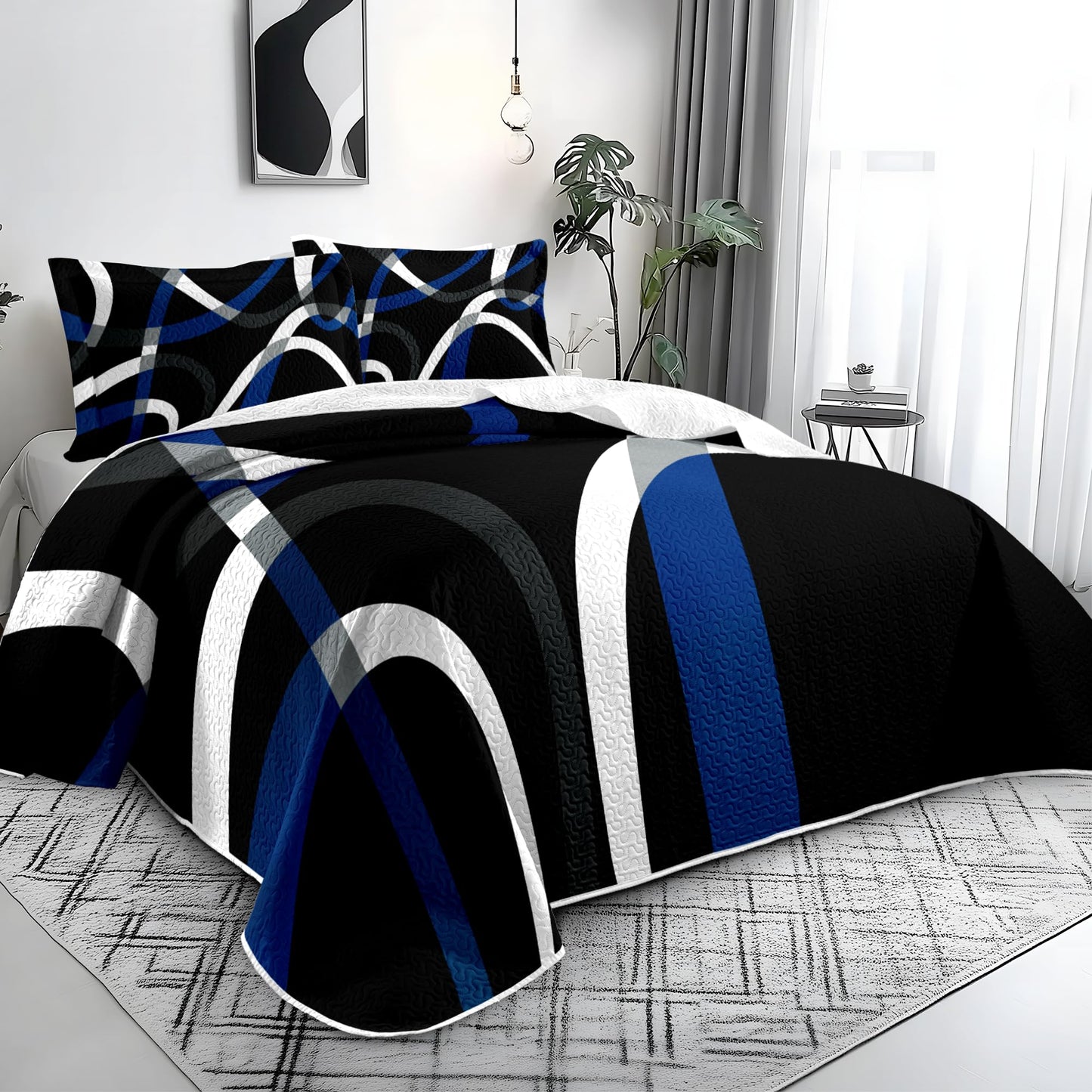 weesire Black and Blue Bedding Quilt Queen Size with 2 Shams, Modern Stripe Comforter Sets Classic Line Pattern Bedspreads Grey and Blue Coverlet, 90''x96''