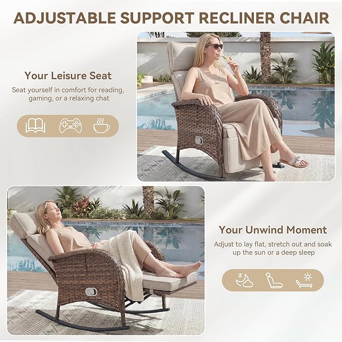 Zero Gravity Patio Rocking Wicker Recliner Chairs Set of 2- Wicker Outdoor Lounge Chair with Adjustable Backrest & Footrest, All Weather Reclining Rocker Chairs with Thick Cushion for Pool Deck Beige
