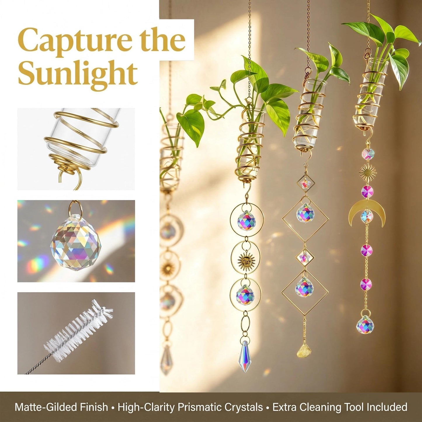 HDCRYSTALGIFTS 3pcs Crystal Suncatchers with Plant Propagation Tubes for Window Wall Hanging, Mini Flower Vase Glass Planter Stations for Hydroponics Home Garden Office Decoration Plant Lover Gift