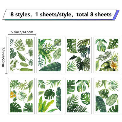 CRASPIRE 8 Sheets Green Leaf Window Stickers Tropical Leaves PVC Waterproof Self Adhesive Summer Wall Decals Natural Palm Plant Rectangle Removable for Stairway Home Decoration TV Wall Art