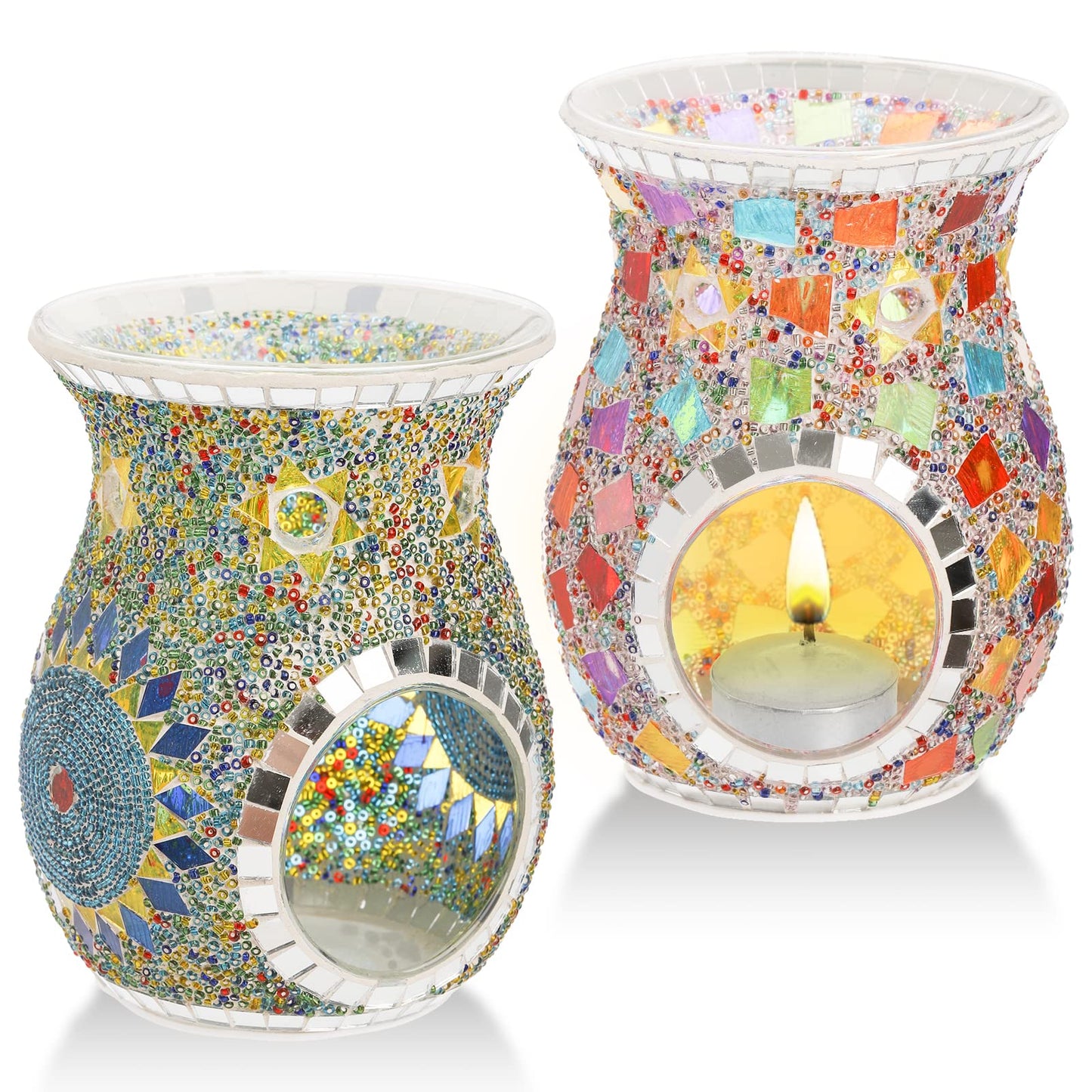 Lyellfe 2 Pack Essential Oil Burner, Fragrance Oil Warmer, Decorative Tealight Candle Holder, Incense Aromatherapy Oil Diffuser, Scented Wax Warmer for Gift Home Table Decor, Mosaic Glass