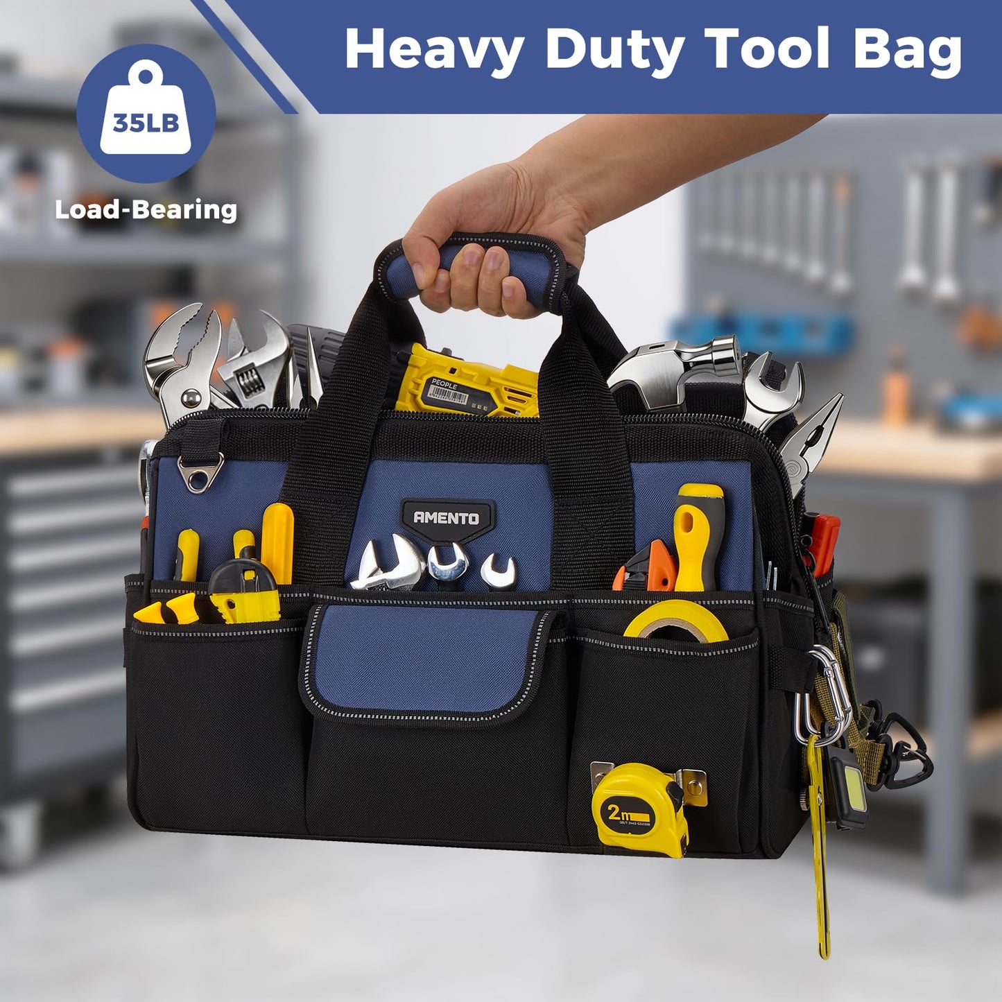 Amento 16-Inch Heavy Duty Tool Bag, 22 Pockets Empty Tool Box Organizer Storage, Soft Tote Toolbox Organization Portable Handle Carrying Work Toolbag, Father Day Gifts Men Electrician Mechanic, Blue