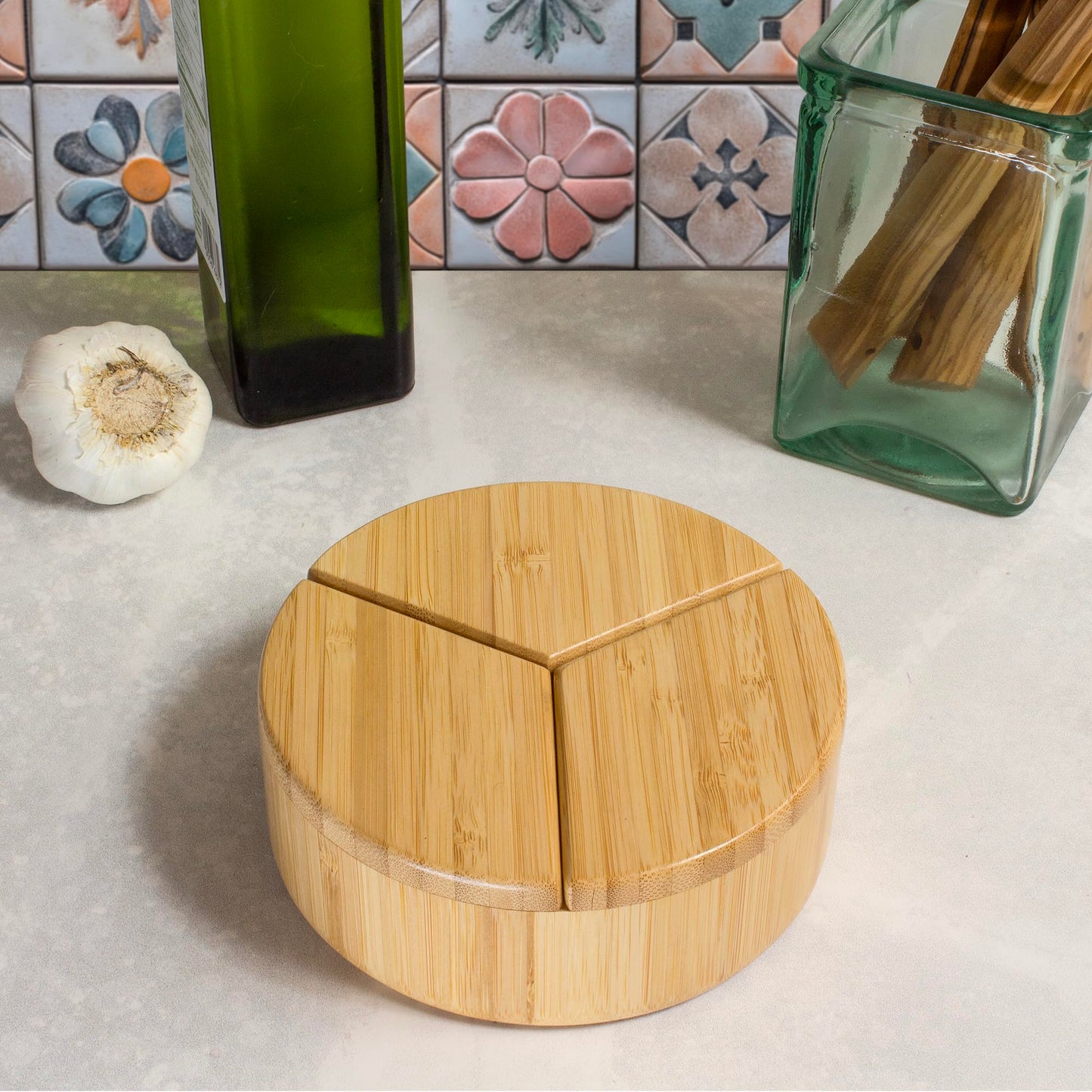 Totally Bamboo Trio Salt Cellar Storage Box with Three Compartments and Magnetic Swivel Lids, 13.2 Ounce Capacity