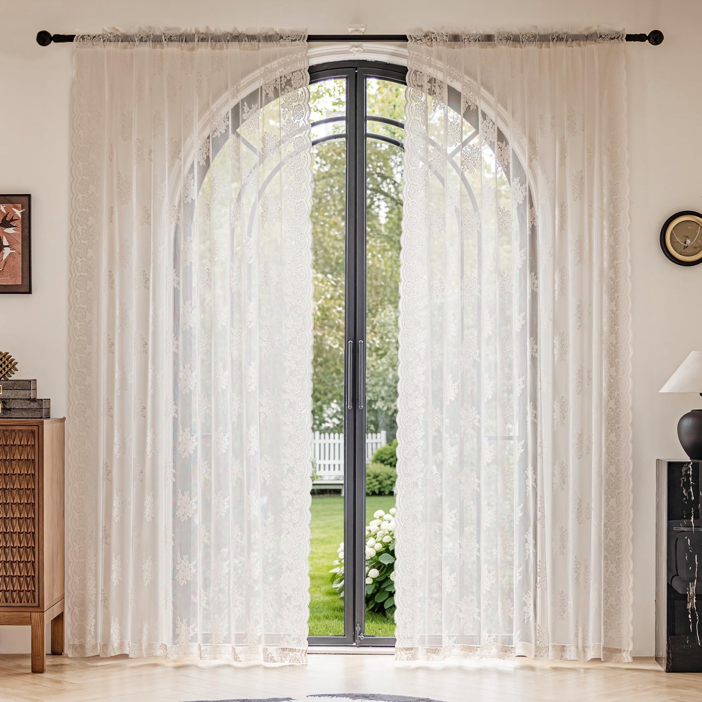 Ivory Lace Curtains 90 Inch Long Vintage Rose with Scalloped Edges Semi Sheer Privacy Curtain Drapes for Living Room, Bedroom Cream Lace Window Curtains with Rod Pocket, 57"W x 90"L, 3 Panels
