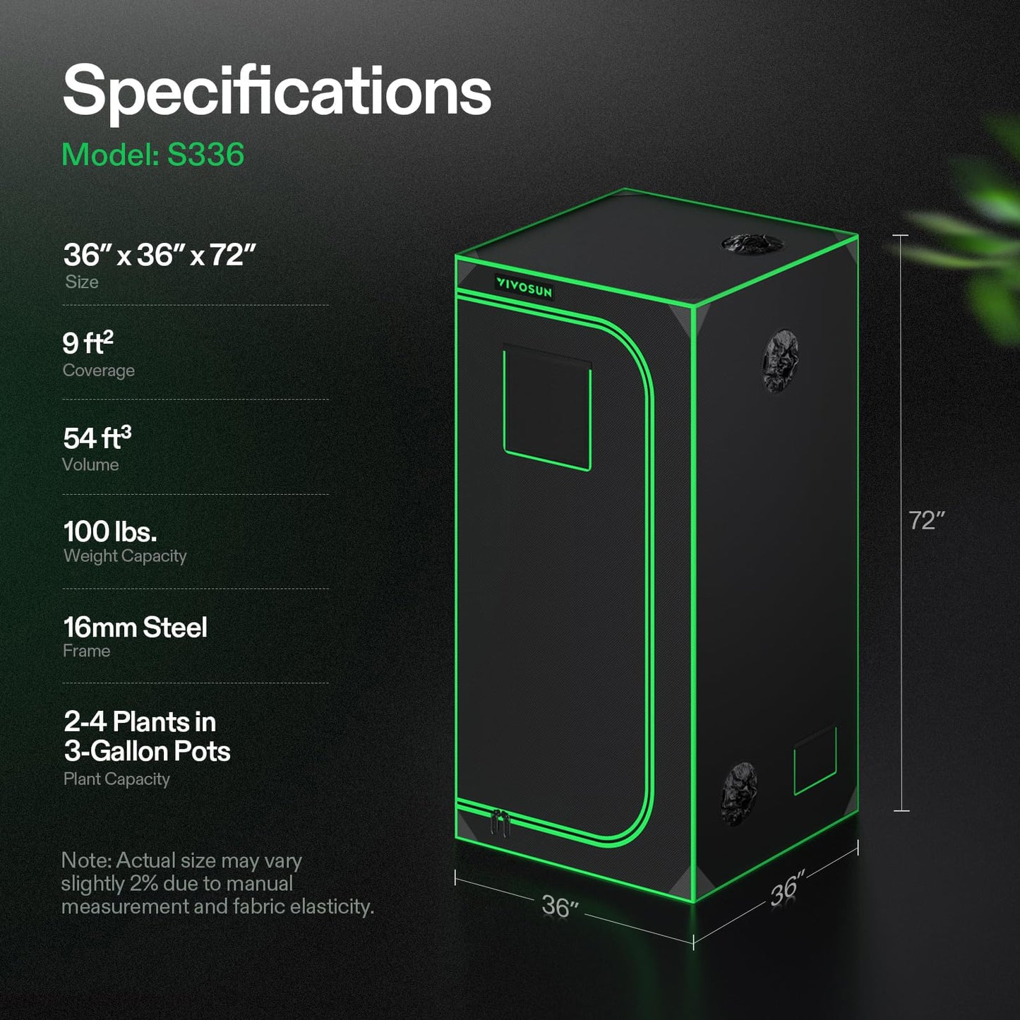 VIVOSUN S336 3x3 Grow Tent, 36"x36"x72" High Reflective Mylar with Observation Window and Floor Tray for Hydroponics Indoor Plant for VS2000/VS3000