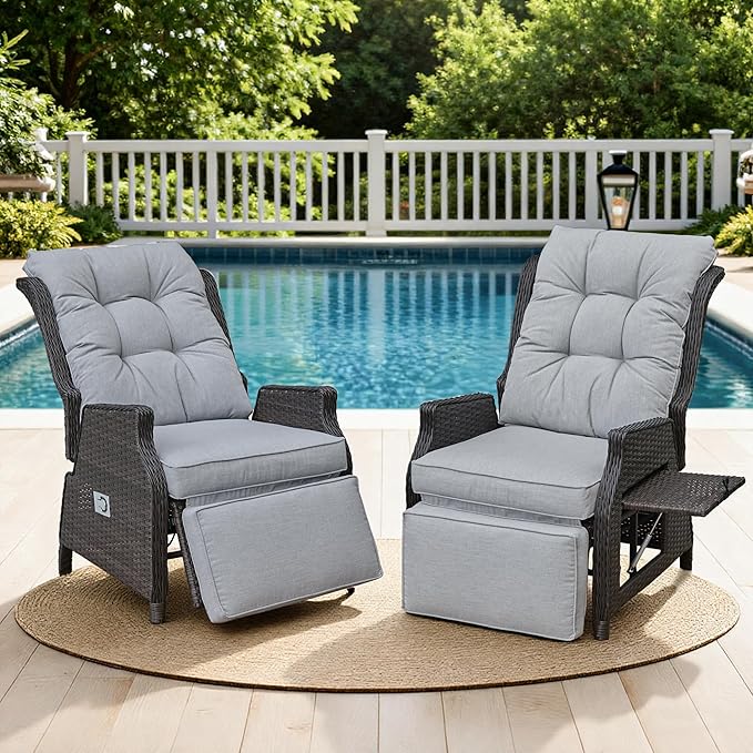Outdoor Indoor Wicker Recliner with Adjustable Back and Footrest, Patio Reclining Chair with Flip-up Table, Outdoor Rattan Lounge Chair, Light Grey 2PCS