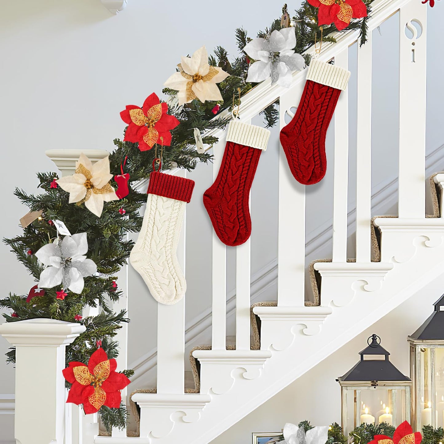 PETOX 2 Pack 18" Personalized Christmas Stockings, 18inch Large Cable Knitted Xmas Hanging Stocking Decorations for Holiday Christmas Party Family Decor (Lvory/Burgundy)