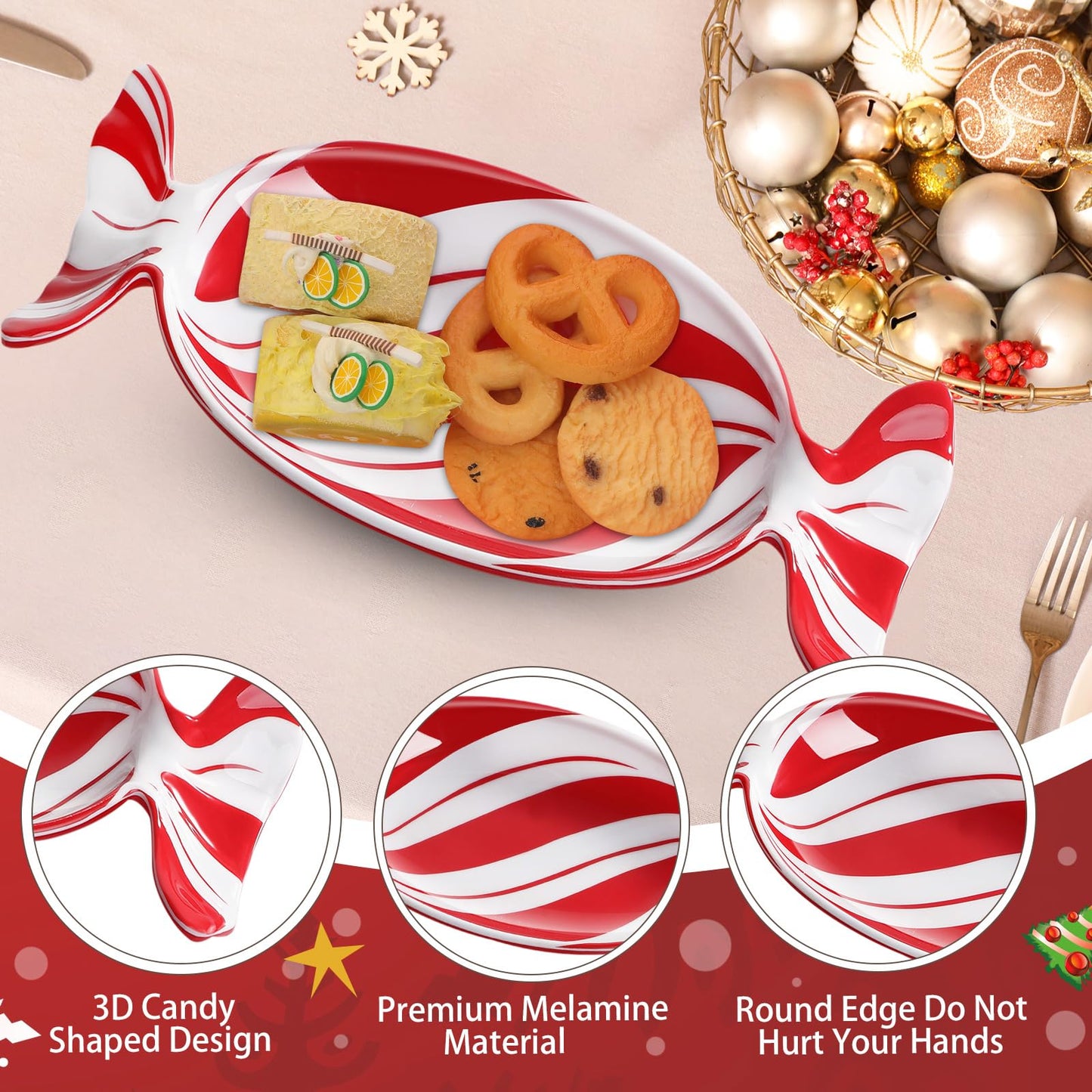 Teenyyou 1 Pcs Christmas Candy Dish Melamine Christmas Serving Tray Fruit Dessert Cookie Plates for Xmas Holiday Party Favor Dishwasher Safe