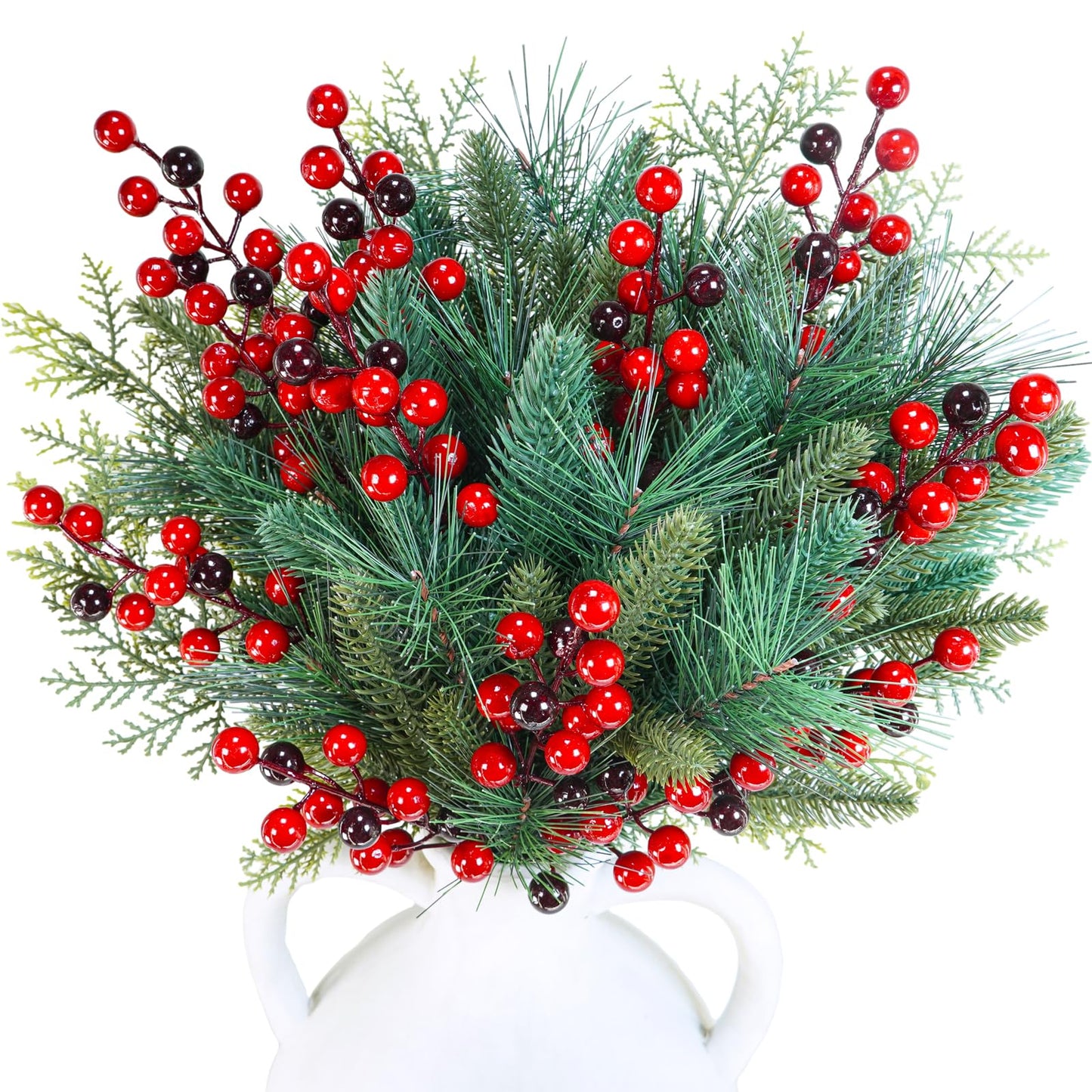 Winlyn 65 Pcs Artificial Pine Branches and Red Berries Stems Christmas Greenery Stems Cedar Picks for Christmas Tree Wreath Winter Wedding Holiday Floral Arrangement Table Centerpiece DIY Crafts