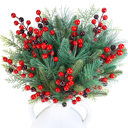 Winlyn 65 Pcs Artificial Pine Branches and Red Berries Stems Christmas Greenery Stems Cedar Picks for Christmas Tree Wreath Winter Wedding Holiday Floral Arrangement Table Centerpiece DIY Crafts