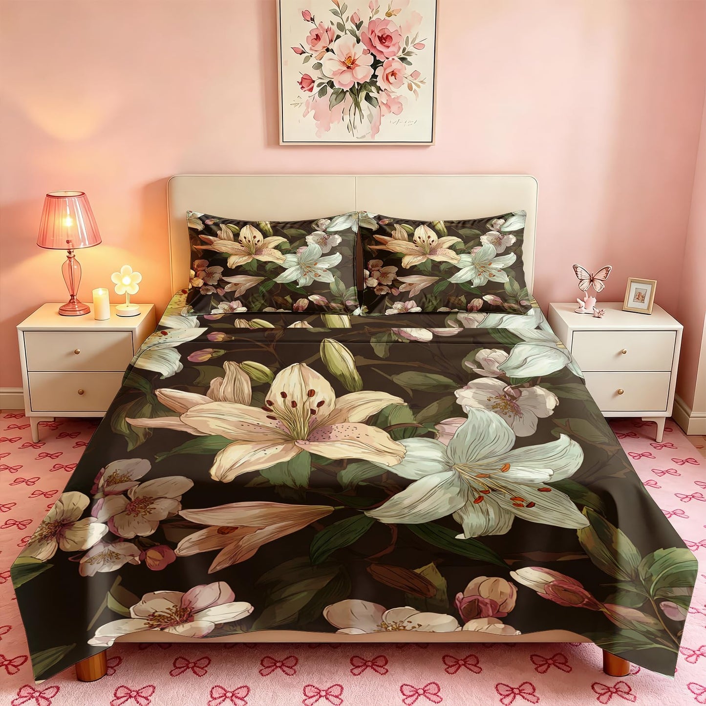 Lily Floral Sheet Set, 4 Pcs King Size Botanical Bed Sheets