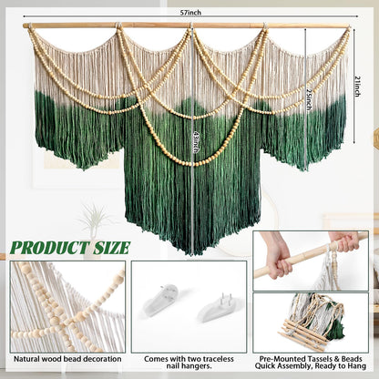 CrystalSylara Large Macrame Wall Hanging Boho Wall Decoration Art, 57" W x 43" L Green & Cream Fiber Dip-dyed Tapestry Handwoven Fiber and Wood Beads Decor for Bedroom Living Room Home Decor