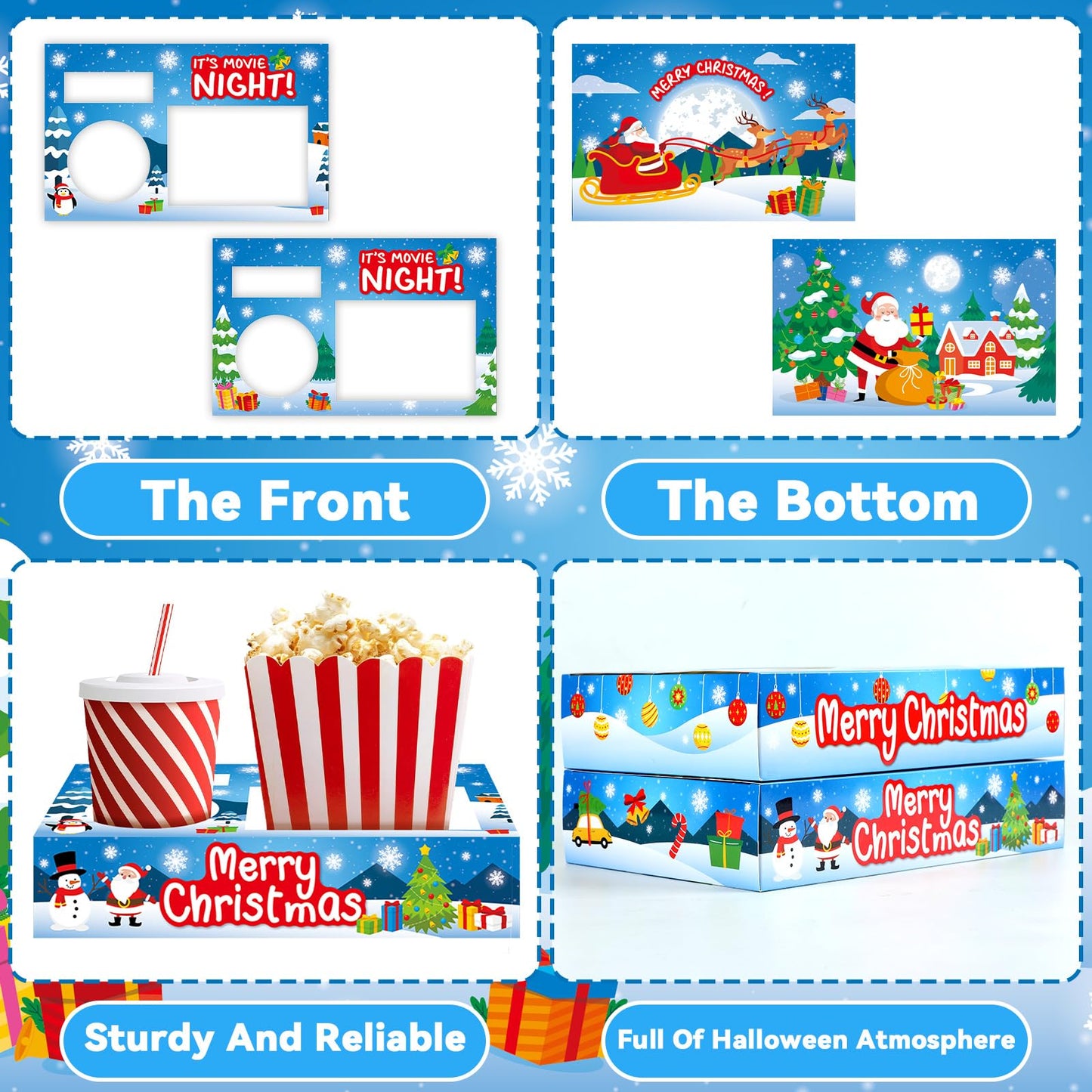 QOUBAI 50Pcs Christmas Party Supplies Movie Night Paper Snacks Boxes Xmas Movie Theater Snack Tray Party Decorations Popcorn Drink Holder Set for Christmas Xmas Tree Snowman Birthday Holiday