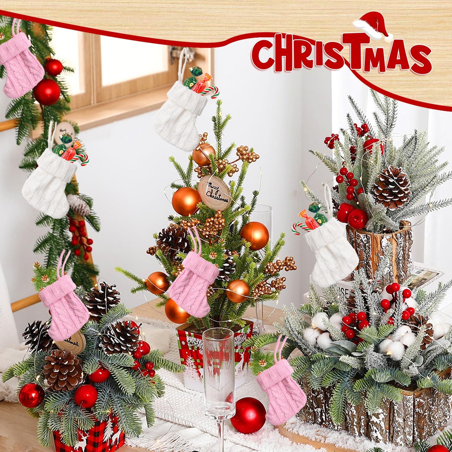 FSAIUIS 12Pcs Mini Knitted Christmas Stockings,Small White and Pink Knit Hanging Stocking for Fireplace Family Home Party Decorations