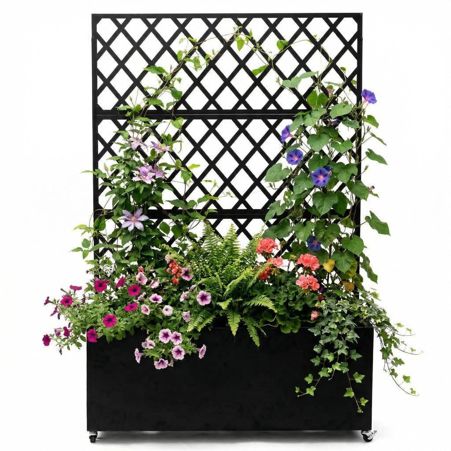 Amenitlif Galvanized Steel Raised Garden Bed with Trellis, Large Outdoor Planter Box with Lockable Casters & Drainage Holes, Privacy Screen Planter for Climbing Plants, 71"X35"X16"