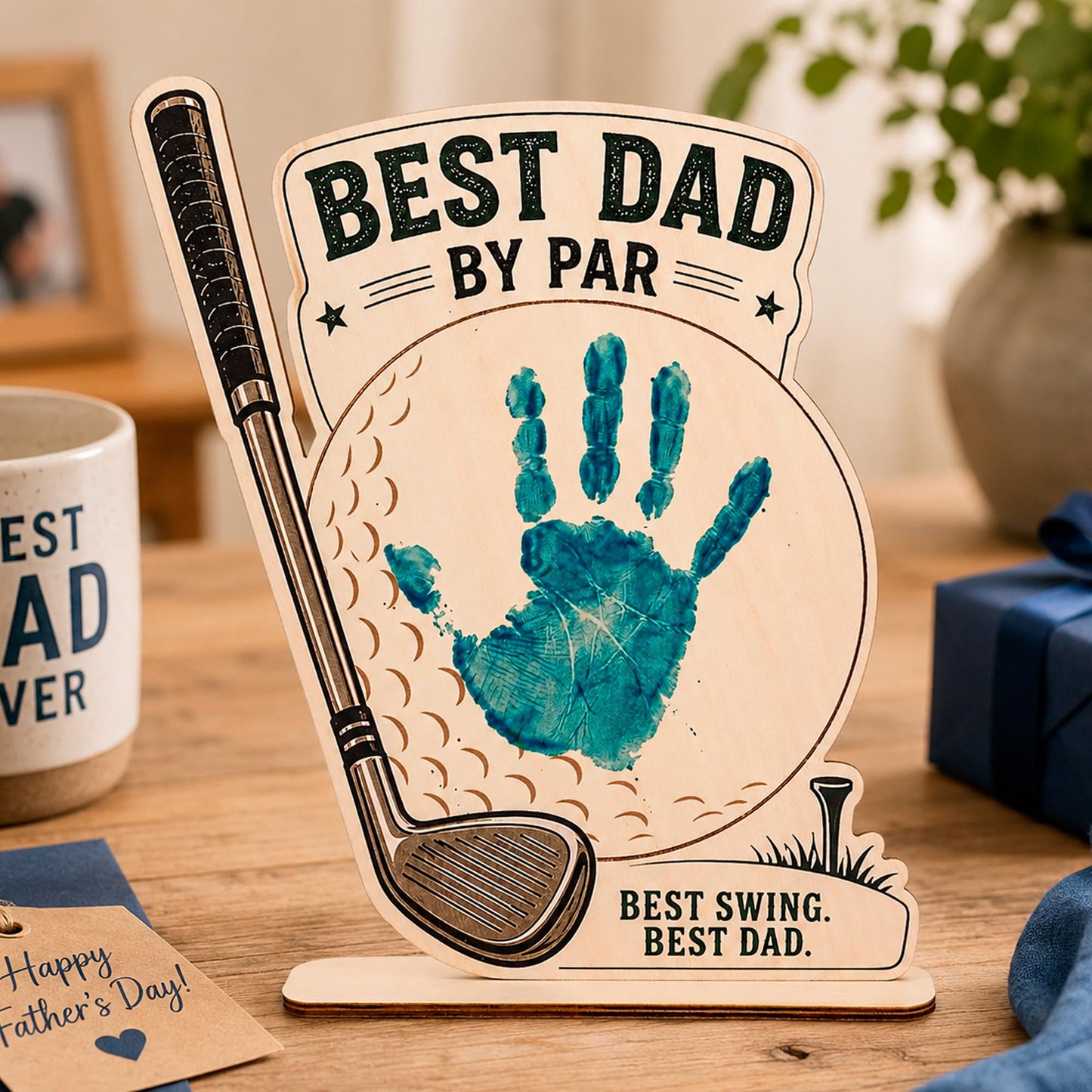 Best Dad By Par Golf, Personalized Wooden Handprint Plaque, DIY Fathers Day Craft from Kids, Family Handprint Kit for Golfer Father, Meaningful Handmade Style Decor for Home