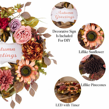 Valery Madelyn 24'' Collapsible Pre-Lit Flowers Fall Wreath for Front Door