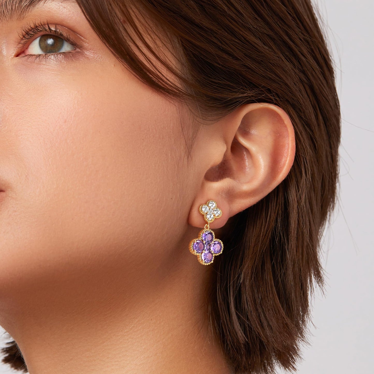 MTMY Dangle Earrings for Women 14K Gold Plated Four Leaf Clover Dangling Drop Birthstone Stud Earrings Trendy Flower Birthstone Jewelry Birthday Gifts(February)