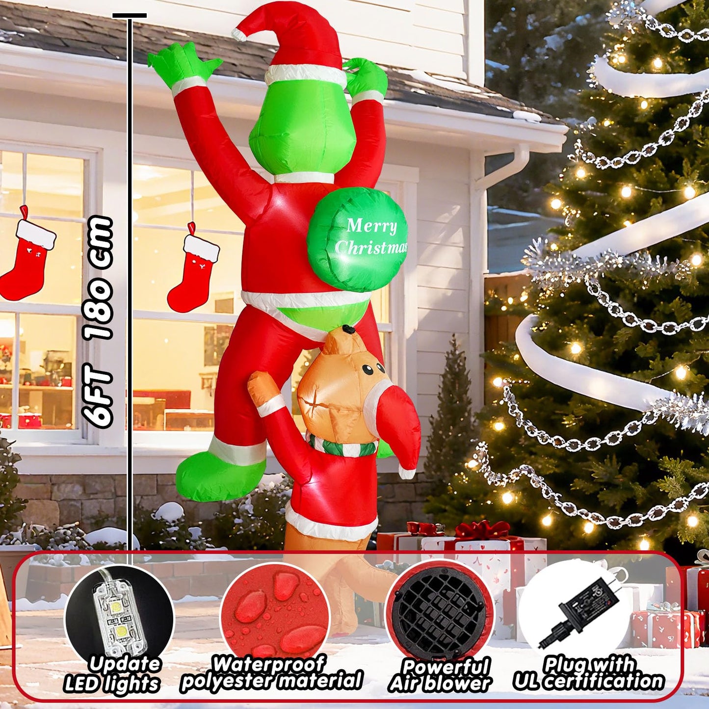 6 FT Christmas Inflatable Decoration Climbing Santa Claus with Dog, Funny Roof Christmas Inflatables Hanging Outdoor Decoration with Built-in LED Light for Yard Indoor Garden Lawn Party