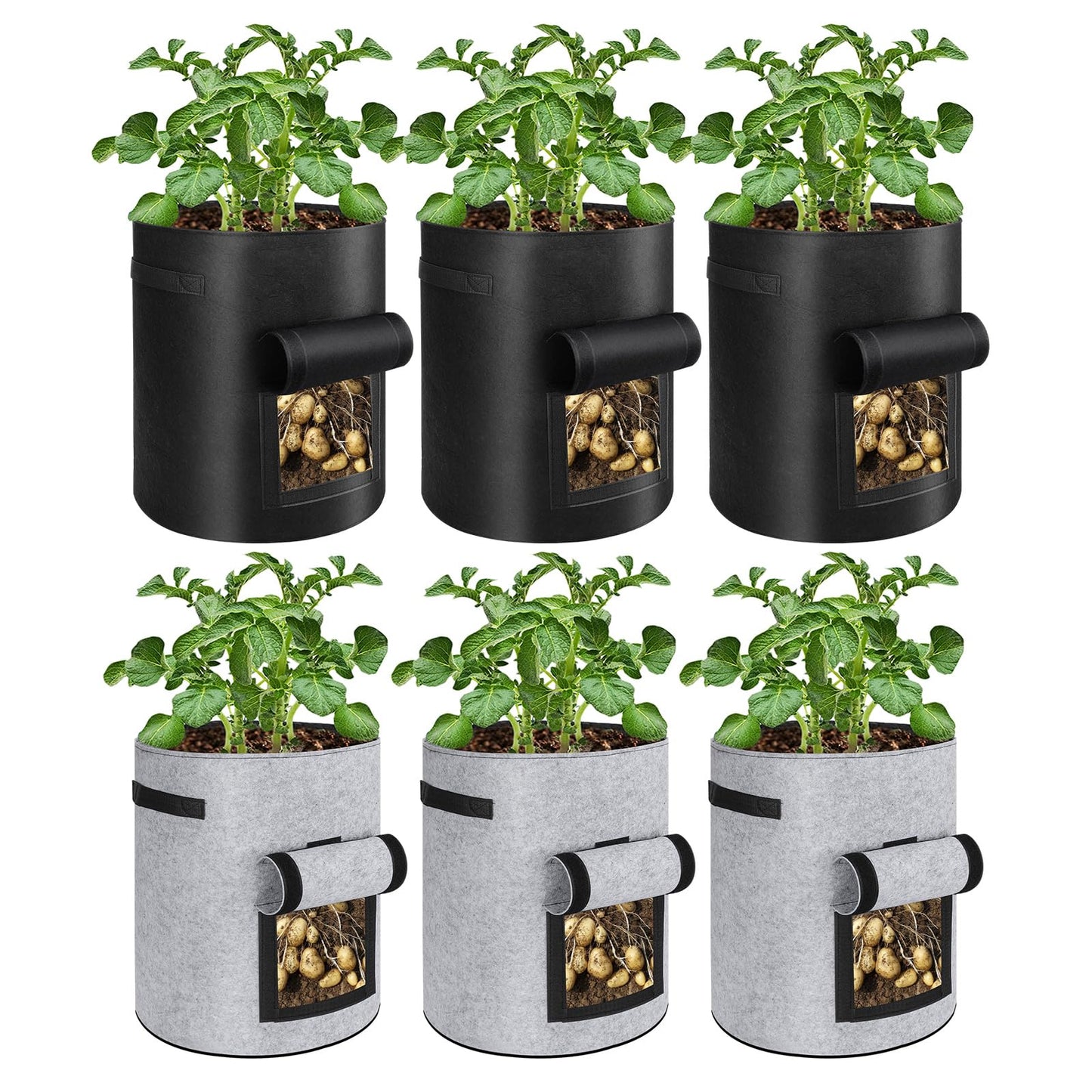 6 Pack Potato Grow Bags, 10 Gallon Planting Bags Large Fabric Pots with Flap Window Vegetable Planter Garden Pot Tall Potato Growing Containers with Handles for Vegetables, Fruits, Black + Grey
