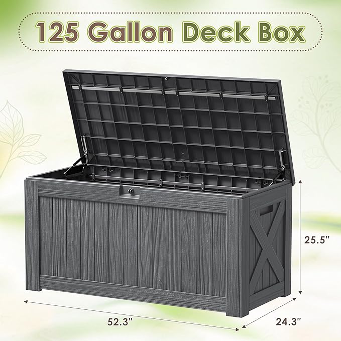 Devoko 125 Gallon Outdoor Storage Box, Waterproof Resin Deck Box for Patio Furniture, Lockable Container for Garden Cushions & Pool Supplies (Gray, 125 Gallon)