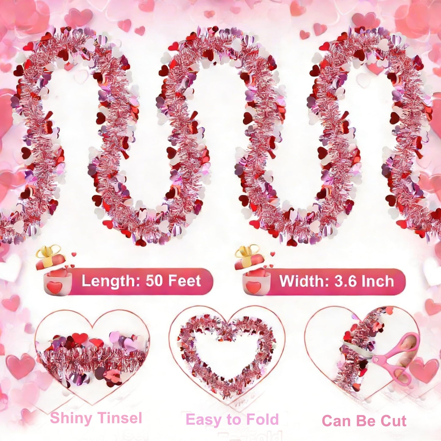 Valentines Day Garland with Hearts, 50 Ft Pink Red Glitter Tinsel Garland for Wedding Party Decorations, Metallic Hanging Decor for Home Indoor Outdoor, Mantel Table