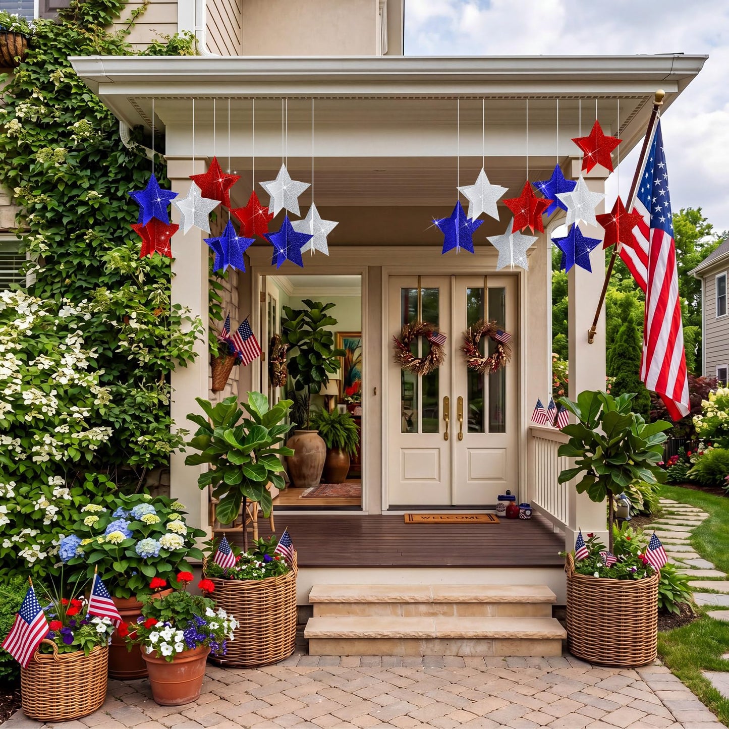 Novabright 18 Pcs 250th Anniversary Patriotic Star Hanging Decorations 4th of July 3D Glittering Red White and Blue Star Ornaments 4.7"x4.7" for Independence Day Party Indoor Outdoor Ceiling Decor