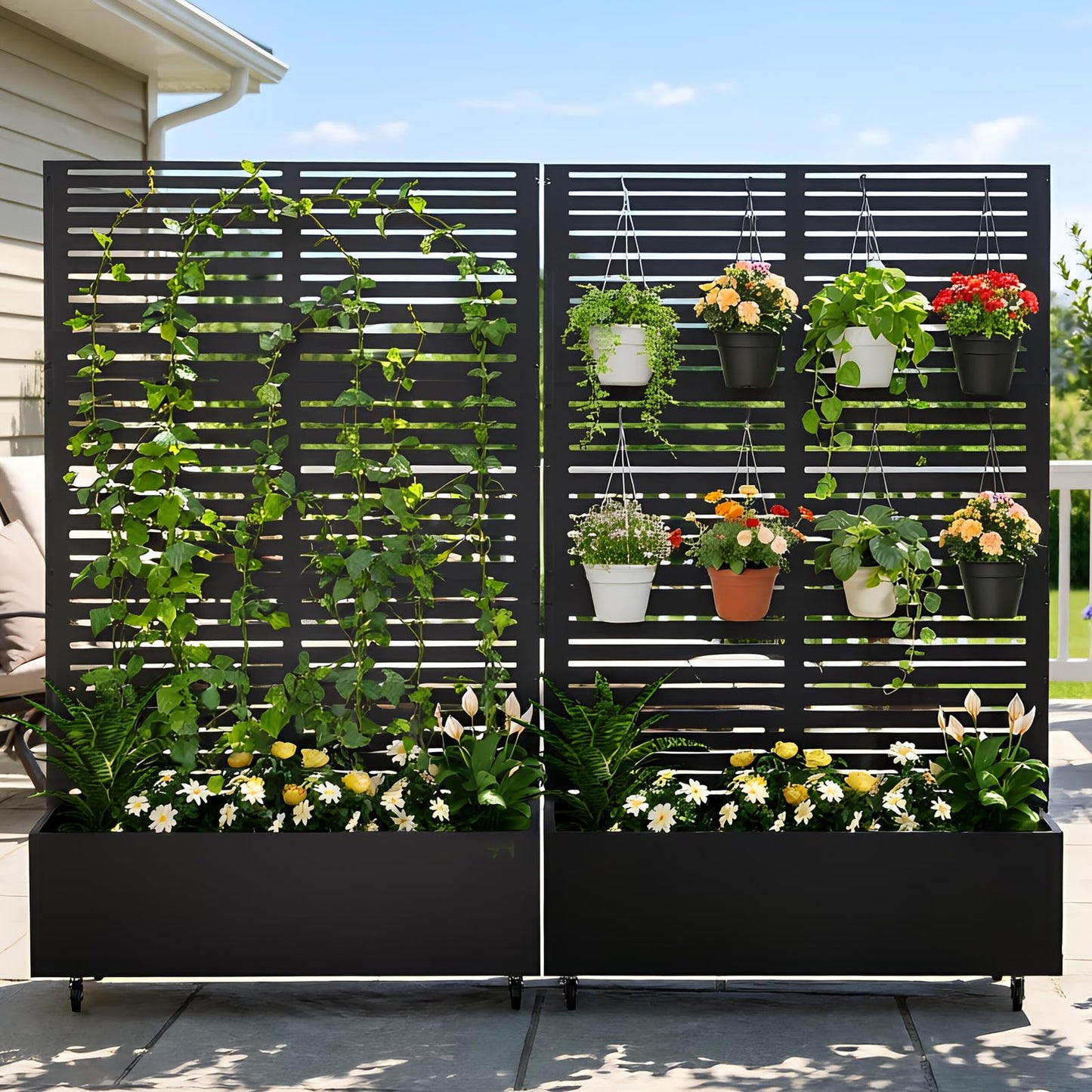 Baotree Metal Raised Garden Planter Bed, 72"x47"x16" Outdoor Planter Box with Trellis and Wheels for Climbing Plants, Vegetables & Vines, Features Drainage Holes and Privacy Screen (Black-Louvered)