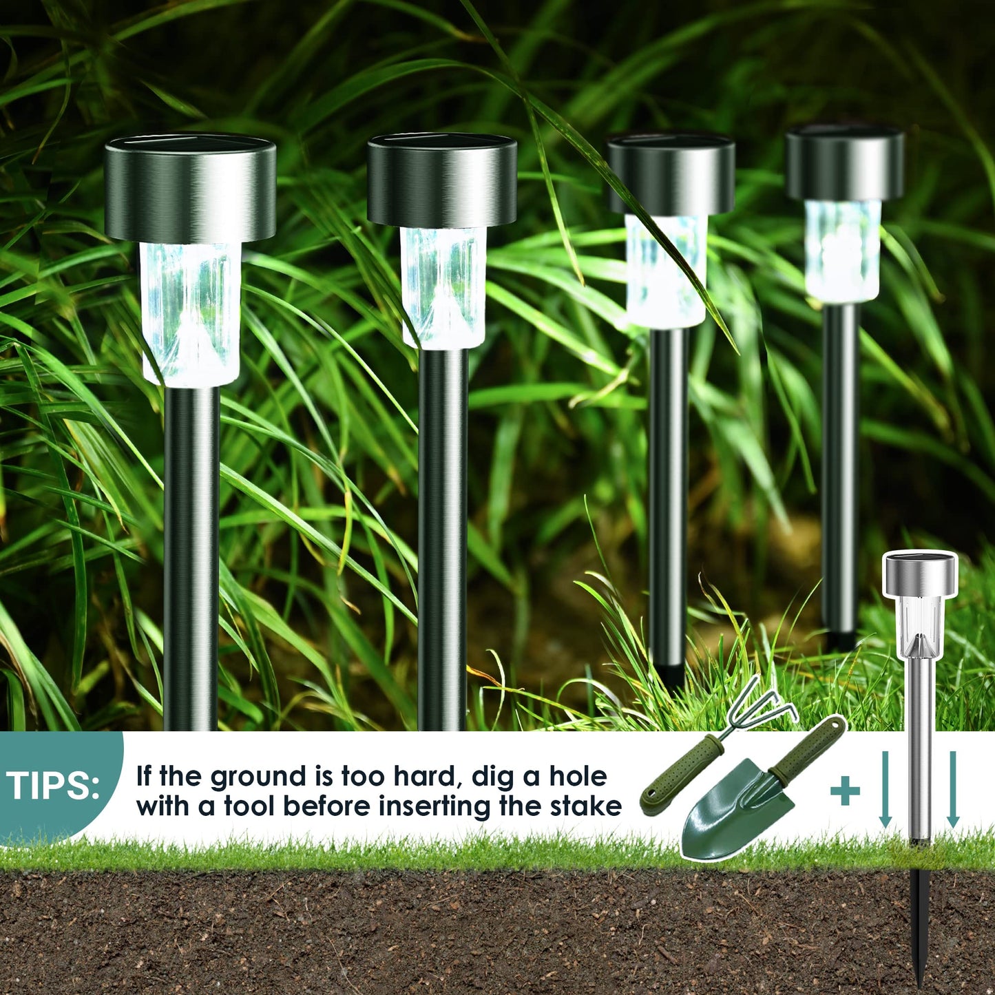 GIGALUMI 16 Pack Solar Lights Outdoor Waterproof,Stainless Steel LED Solar Garden Lights for Patio, Lawn, Yard and Landscape(Cold White)
