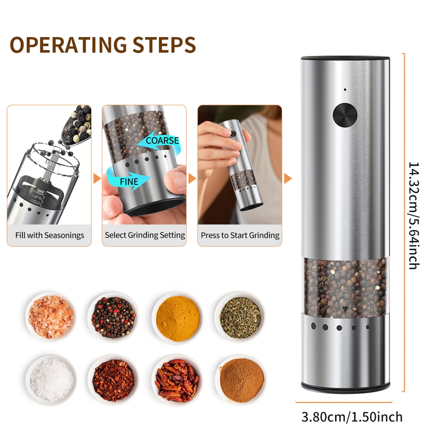 Mini Electric Salt and Pepper Grinder Stainless steel, USB Rechargeable, Small Automatic Salt Pepper Mill Grinder, Travel/Outdoor BBQ/Children, One-Button Control,External Adjustable Coarseness
