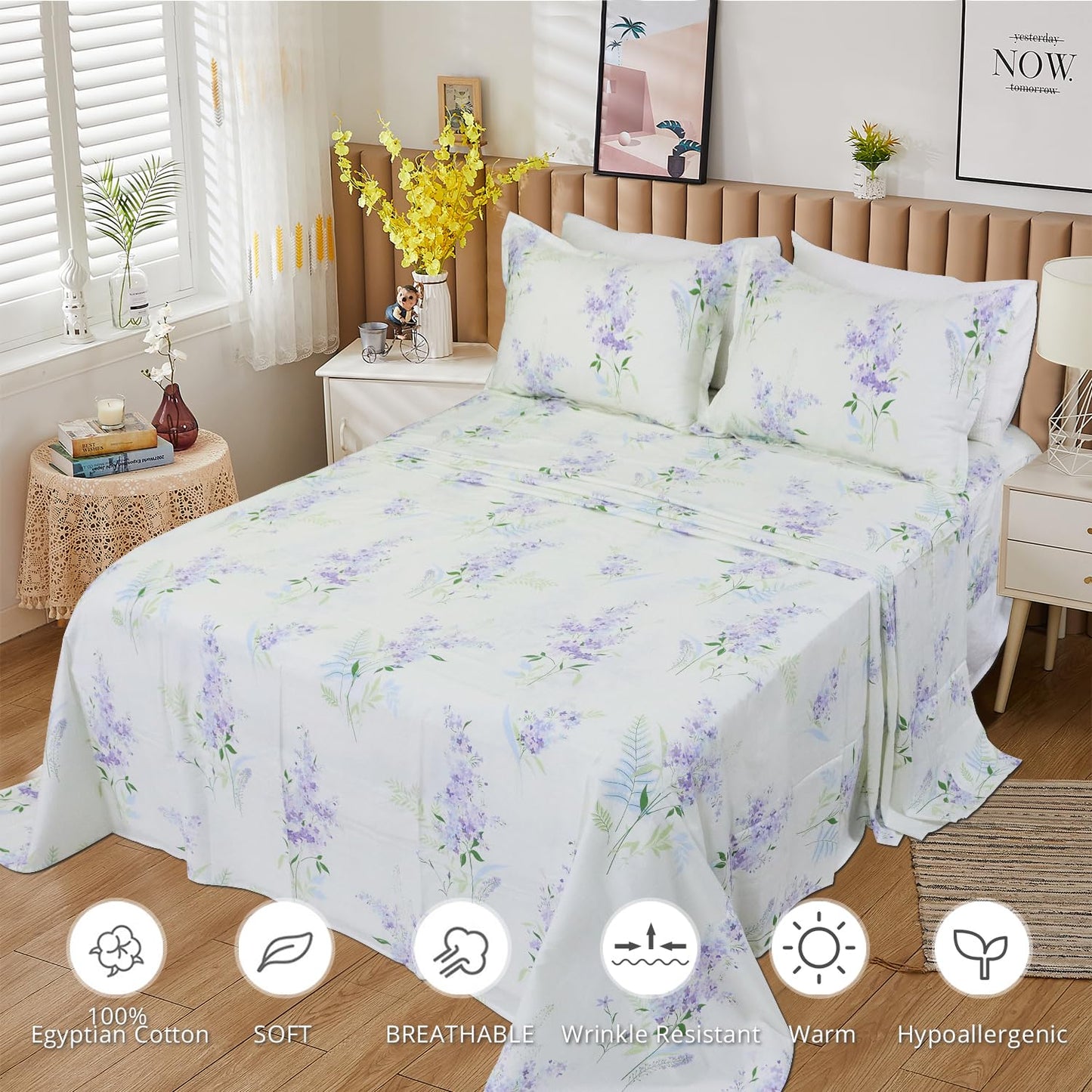 Helthep Floral Sheet Set King, Ultra-Soft and Breathable Cotton Sheet Set with Deep Pocket Fitted Sheet, Flat Sheet and Pillowcases, 4-Piece King Size