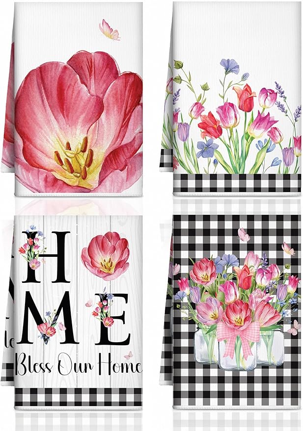 Bencailor 4 Pcs Spring Tulip Kitchen Towels Floral Flower Hand Dish Towels Pink