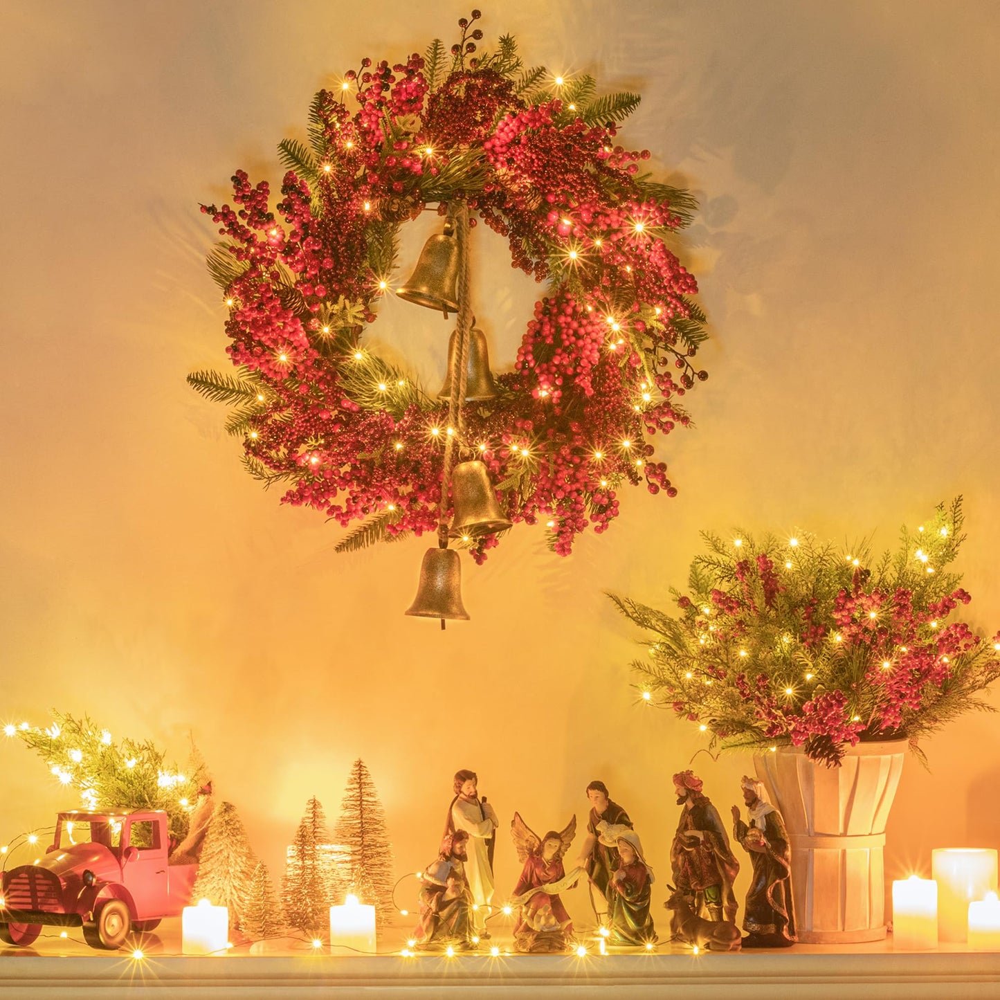 KI Store Triangular Christmas Bell Cluster 4pcs Hanging Metal Cow Bells on Jute Rope for Wreath Garland Christmas Fireplace Mantel Porch Towel Ladder Wall Decor 28-Inch