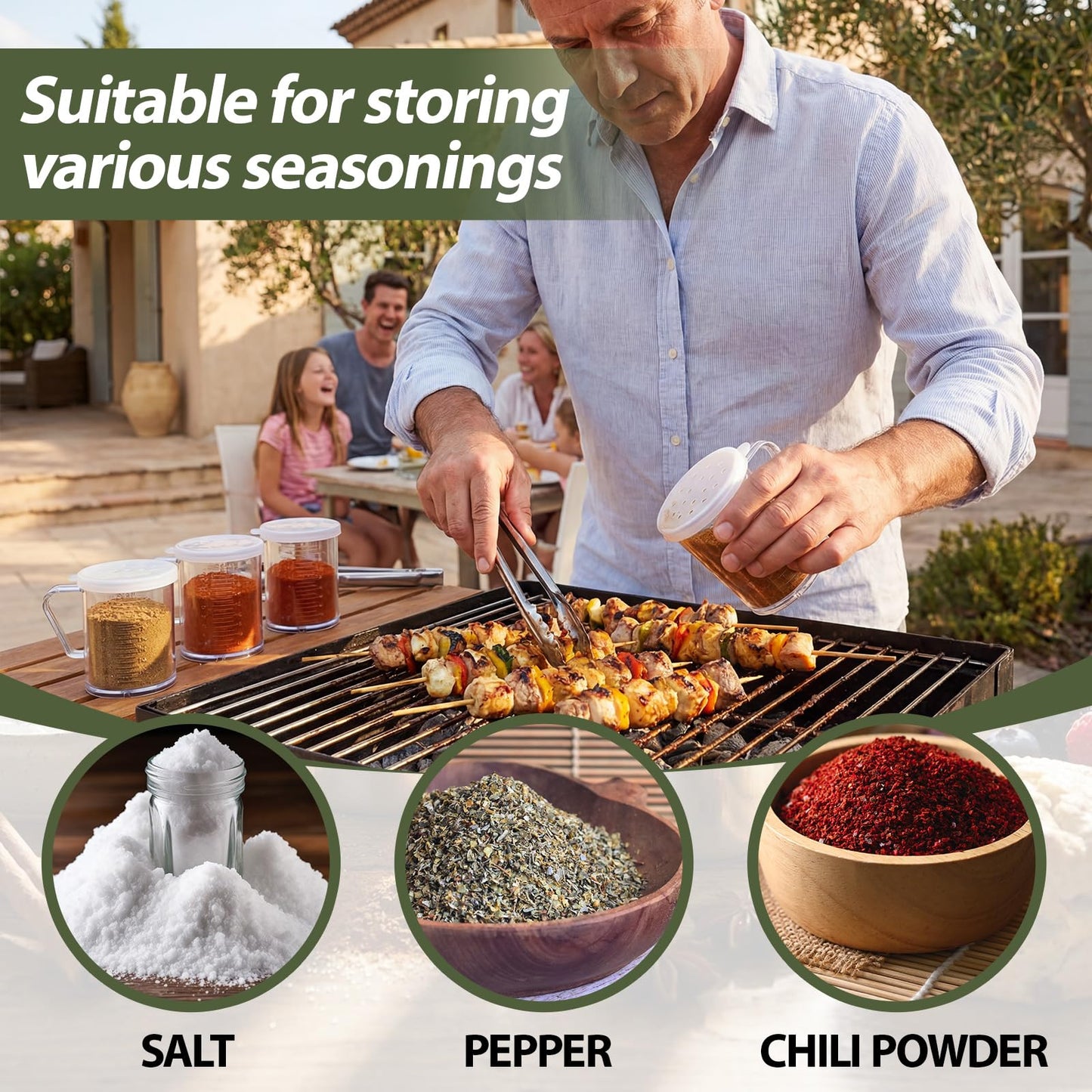Domensi 4 Pcs Salt Pepper Dredge Shakers Powdered Sugar Shaker Duster with Handle Seasoning Spice Shakers for Lunch Box Restaurant Travel Camping BBQ Picnic Home(10oz with Handle,Plastic)