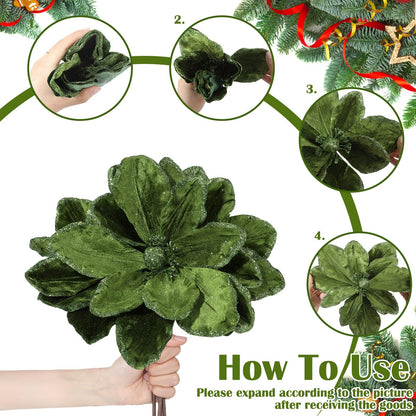 Thiccywoov 8 Pcs Large 12'' Christmas Flower Forest Green Magnolia Flowers Christmas Tree Decoration Artificial Poinsettia Stems Velvet Xmas Ornaments for Xmas Tree Table Decor