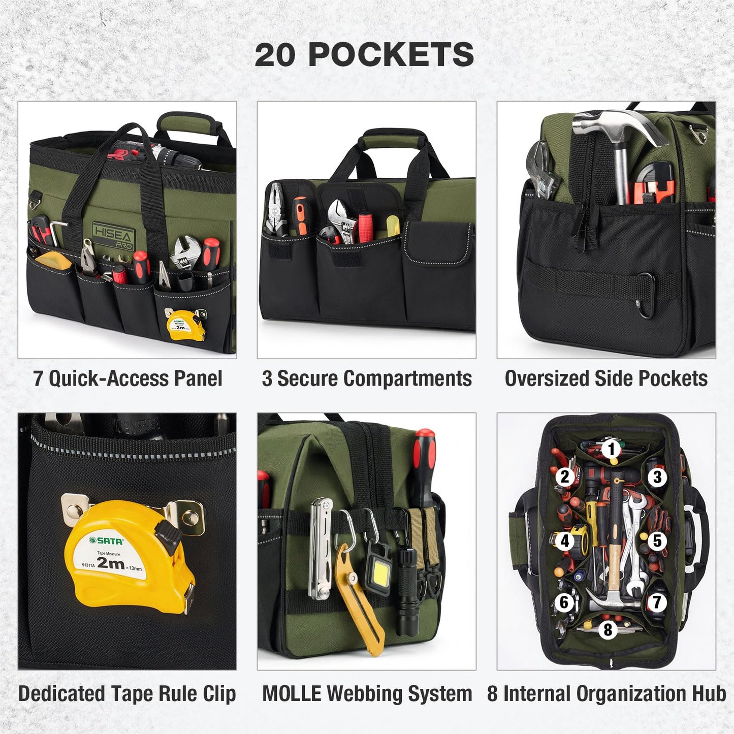 HISEA Heavy Duty Tool Bag 20 Pockets, 16-Inch Portable Tool Box Organizer, 600D Waterproof Wide Mouth Large Storage Toolbag for Electrician, Tradesman with Adjustable Shoulder Strap
