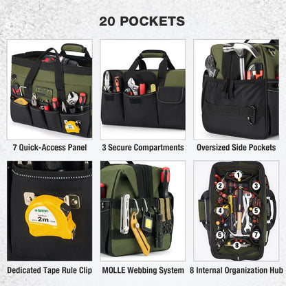 HISEA Heavy Duty Tool Bag 20 Pockets, 16-Inch Portable Tool Box Organizer, 600D Waterproof Wide Mouth Large Storage Toolbag for Electrician, Tradesman with Adjustable Shoulder Strap