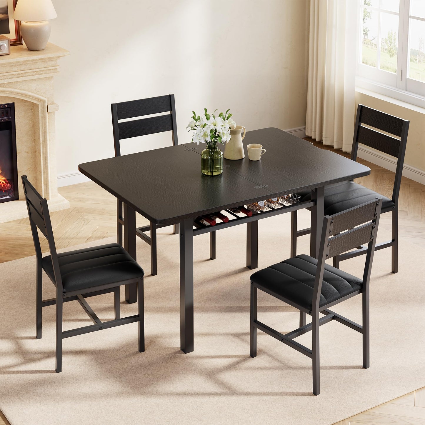MapleGrace Dining Table Set for 4, Extendable Kitchen Table with 4 PU Leather Upholstered Dining Room Chairs, Wood Kitchen Table Set with Built-in Storage Rack for Dining & Small Spaces, Black