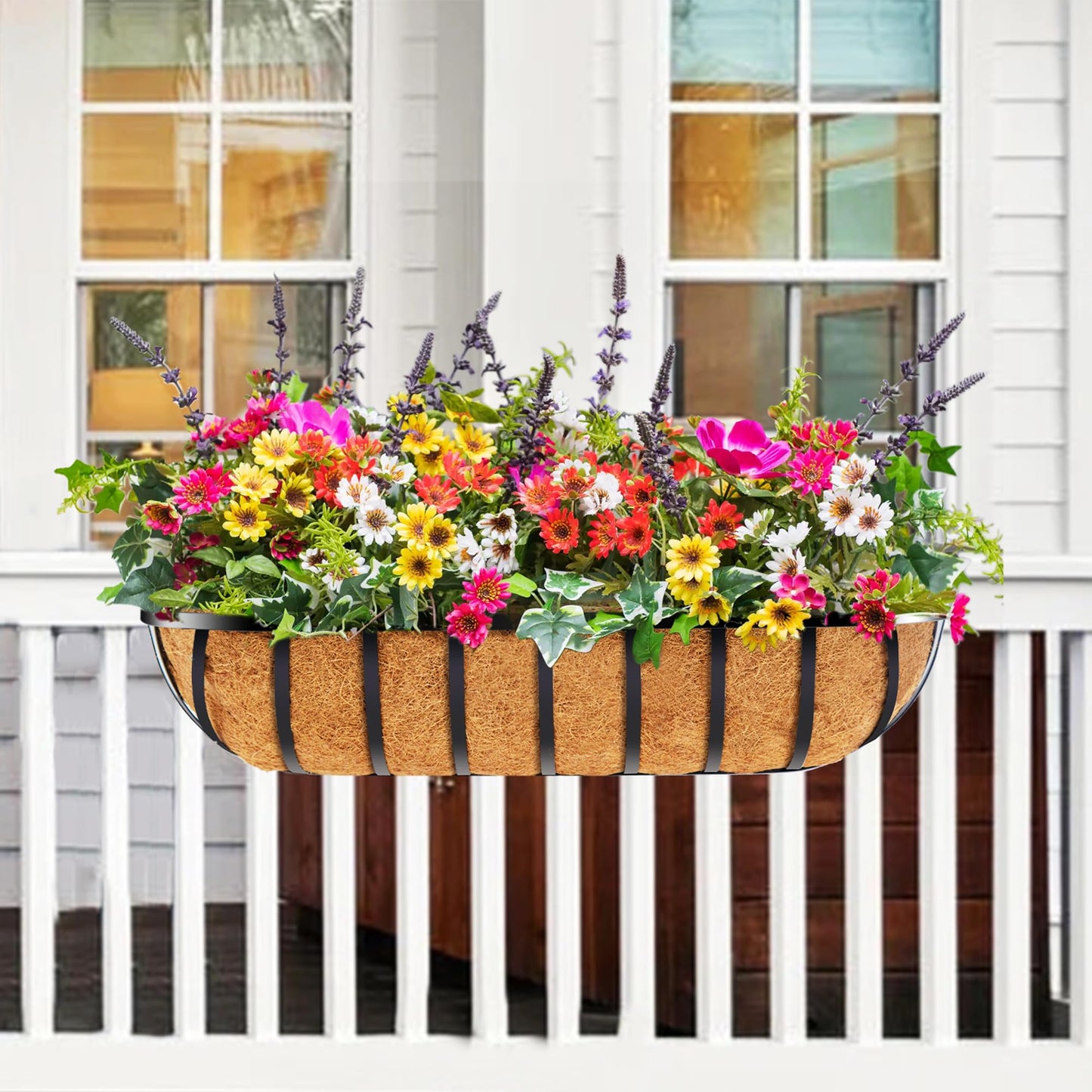 LAWYAMAI 30 Inch 2 PCS Window Box Deck Railing Planter with Coco Liners, Hanging Flower Planters Black Metal Baskets for Indoor Outdoor, Balcony, Porch, Fence, Lawn and Patio