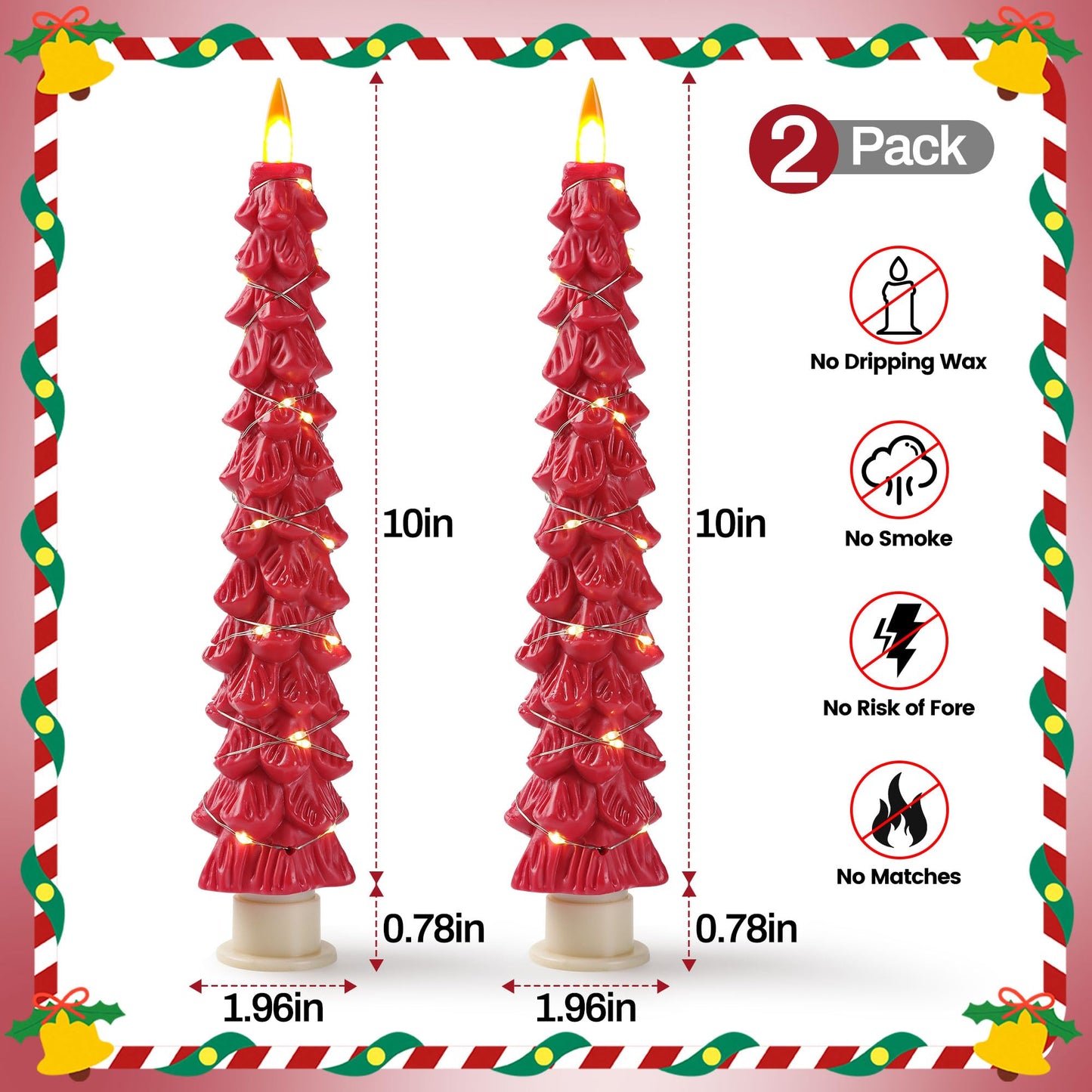 Da by 2 Pack Red Christmas Tree LED Taper Candles, Flameless Candles with Surrounding Copper String Lights, Upgraded Realistic Flickering Flame, Battery Operated with Remote for Christmas Home Decor